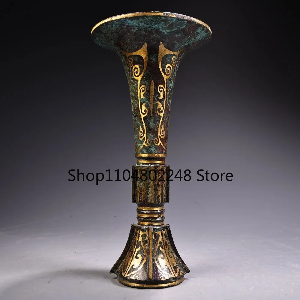 Old Chinese Bronze Gu Vase with Gold Inlay, Ritual Wine Vessel statue