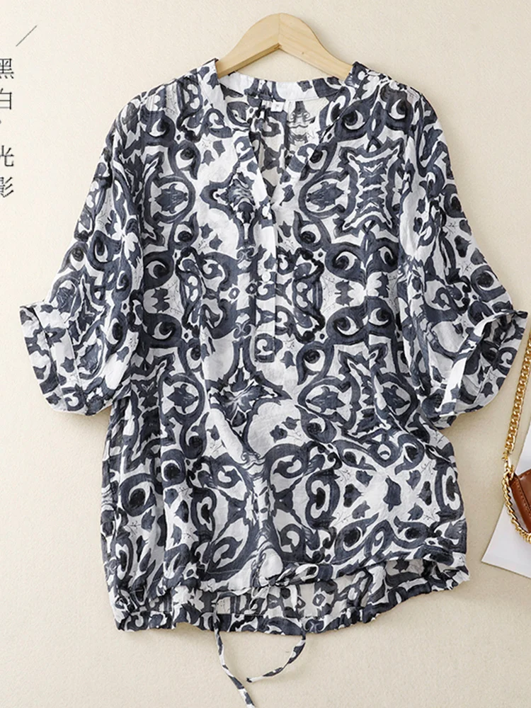 

Lightweight Breathable V-Ne Linen Cotton irt Loose ort Sve Print Casual Women's Top Comfortable Vintage Sle Blouse