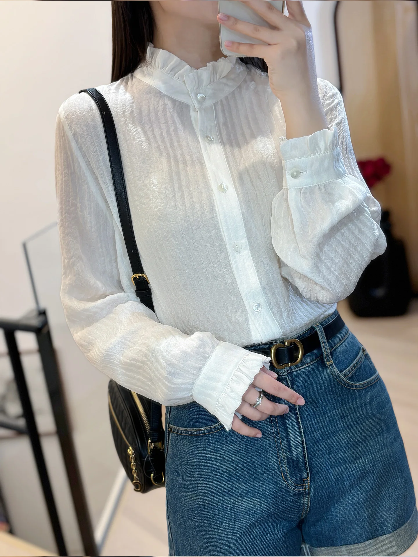 

Petite Aesthetic Early Spring Gentle Personali Ruffle Collar Double Layer Bubble Gauze 00 Silk irt Top Women's Faion