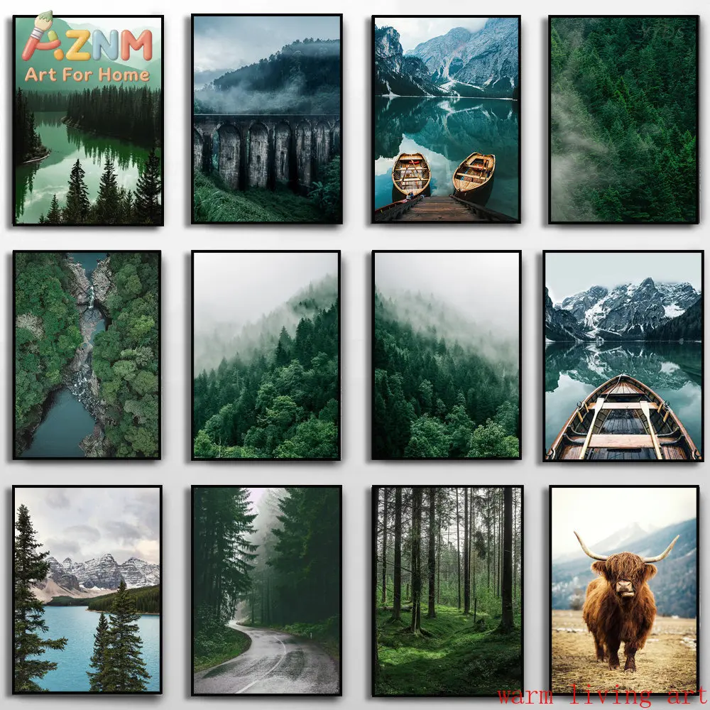 AZNM Misty Mountain Lake Forest Highland Cow Frameless Canvas Wall Art, Nature Landscape Photography Print for Home Decor