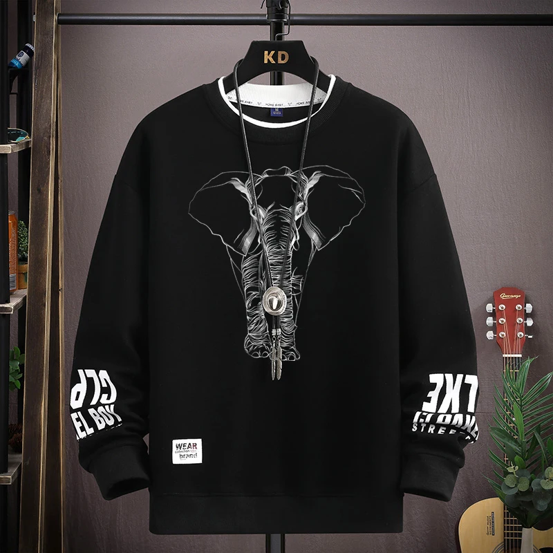 

Autumn Men's Sweatshirt Hoodies Elephant Printed Long Sleeve T-shirt Fashion Men's Clothing Black O Neck Harajuku Top 2024 New