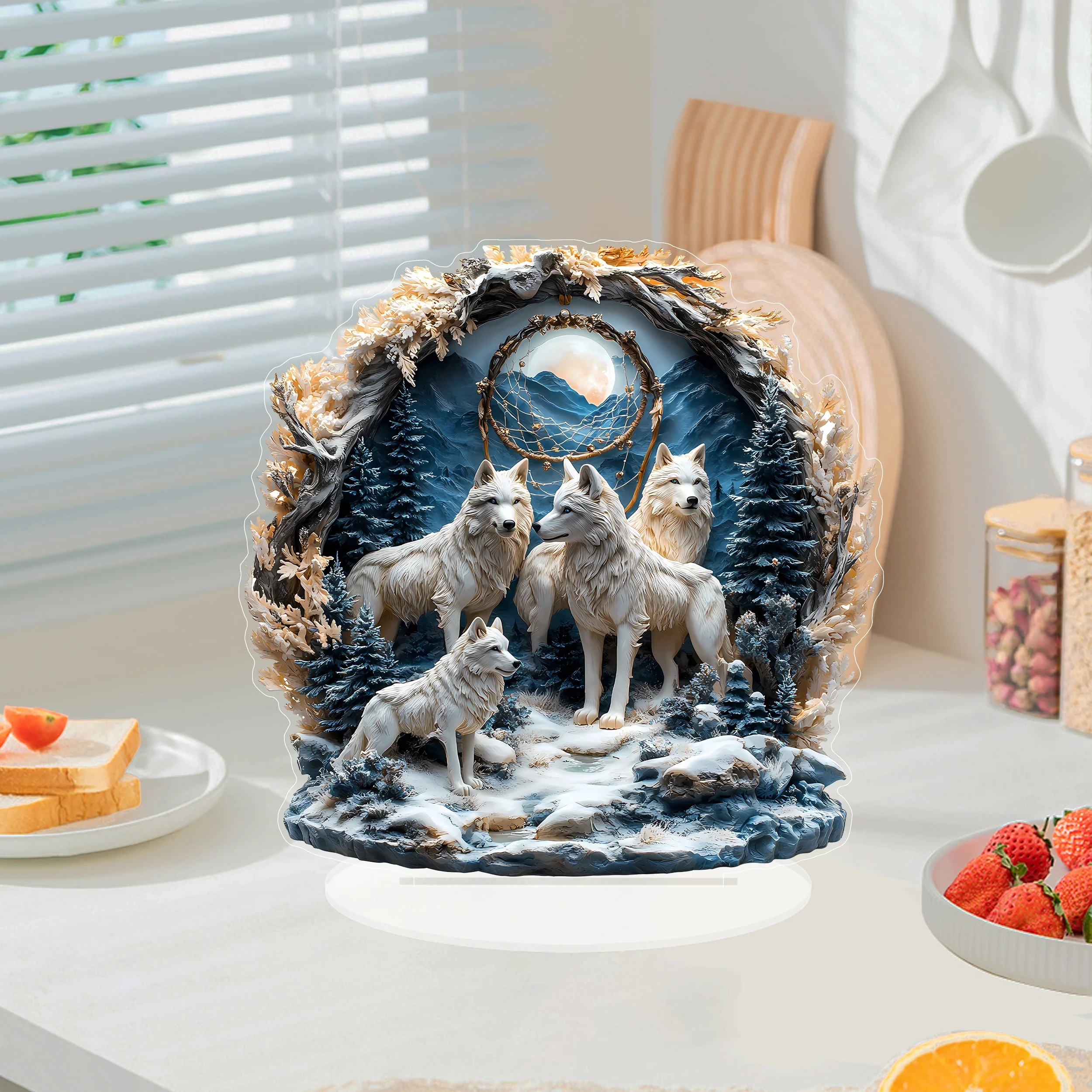 2D Wolf Pack Dream Catcher Snow Acrylic Desktop Display Versatile Holiday HomeOffice Decor Perfect Gift Holiday Season Decor