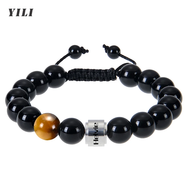 

Personalized Stone Beads Bracelets for Men Women Hematite Bracelet Tiger Eye Beads Bracelet with Custom Name Engraved Bracelet