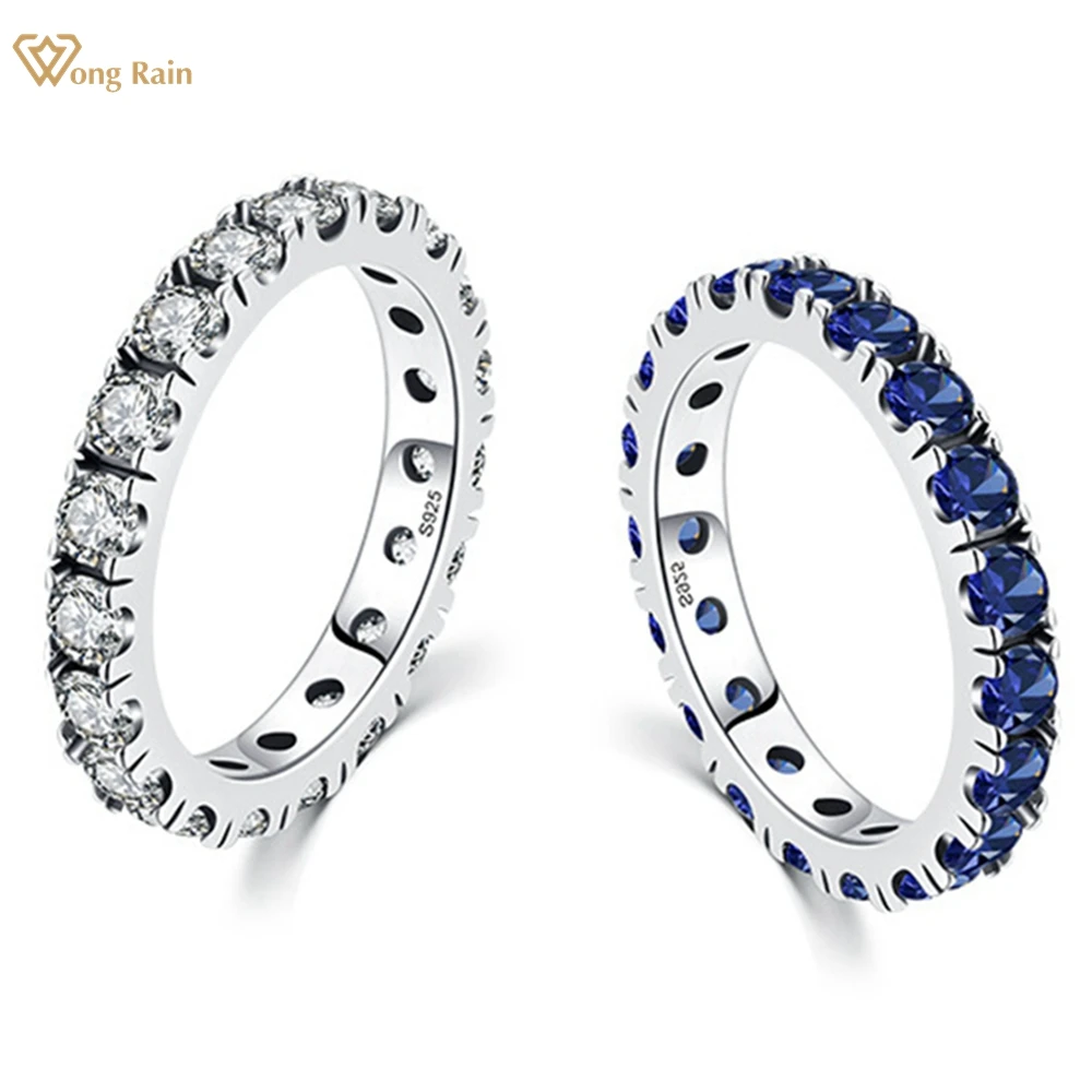 Wong Rain Classic 100% 925 Sterling Silver Round Cut Lab Sapphire Gemstone Wedding Band Couple Fine Jewelry Row Ring Wholesale