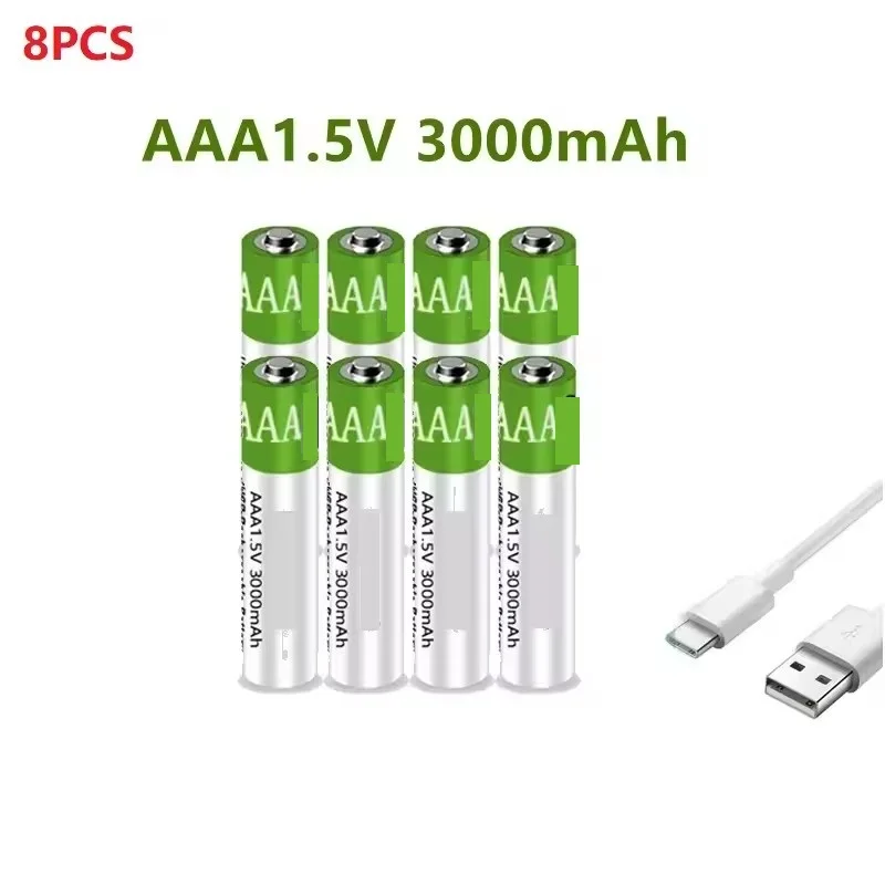 New USB AAA Rechargeable Batteries 1.5V 3000 mAh li-ion battery for remote control mouseElectric toy battery+ Type-C Cable