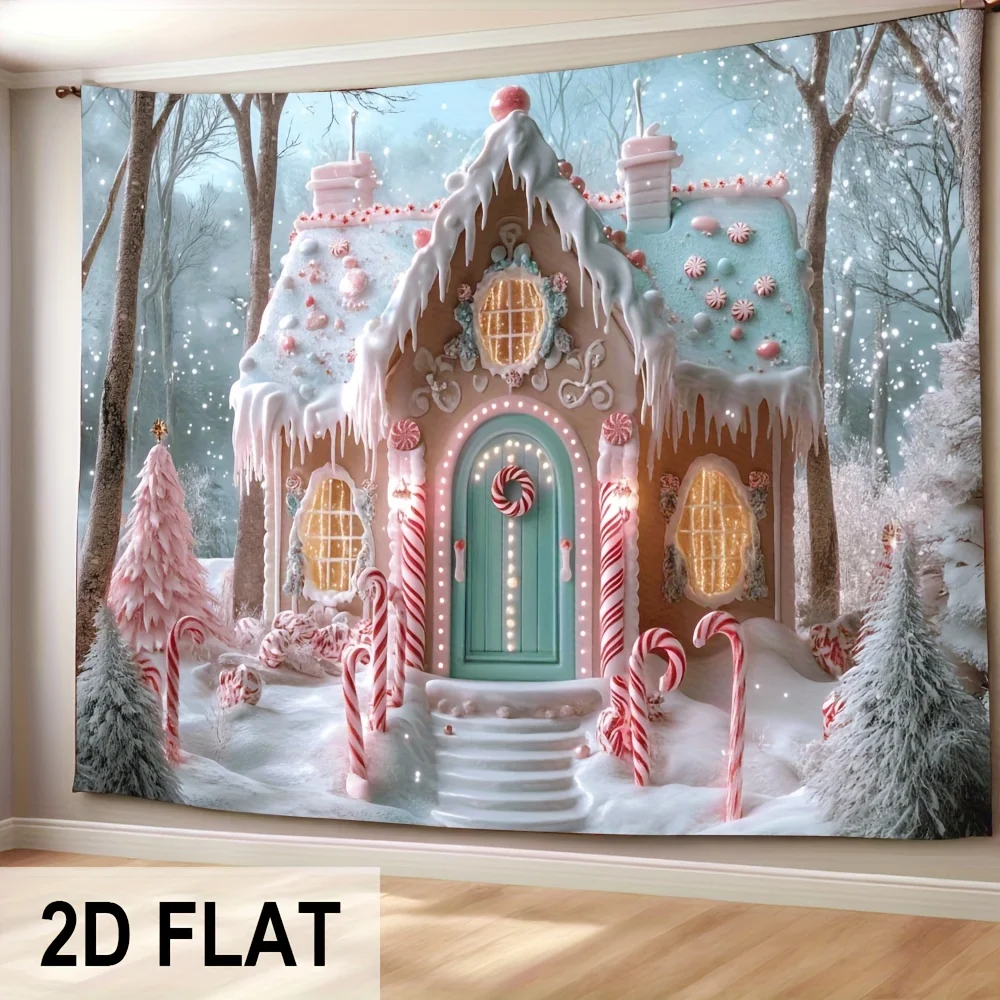 VIKAMA Lebkuchenhaus Wandteppich Schneeansicht Süßigkeiten Baumhaus Warmes Licht Fenster Kinderzimmer Thema Raumdekoration