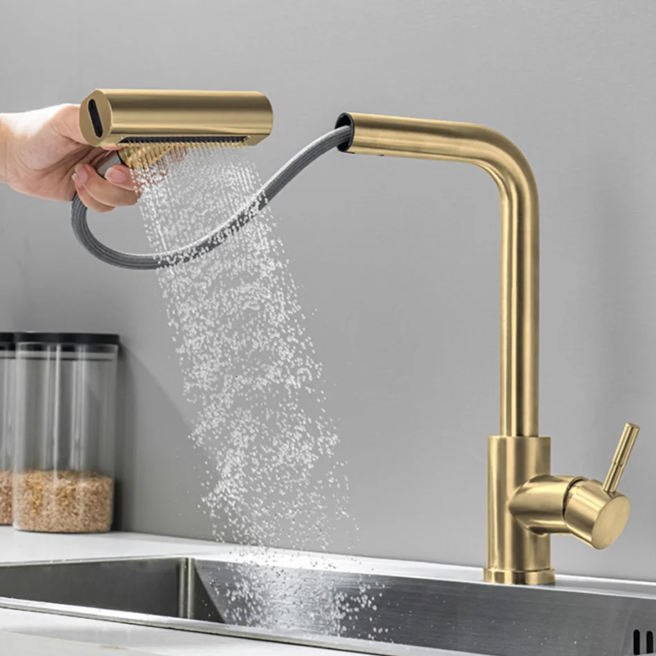 Brushed Gold Kitchen Faucet Pull Out Waterfall Black 304 Stainless Steel 360° Rotation Hot and Cold Water Saving Mixer Sink Tap