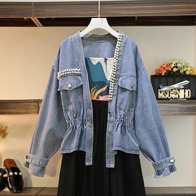 

Small Denim Jacket for Women Short Woman Jean Coat Cinched Waist Crop with Beads Slim Spring Autumn Outerwear Deals Original