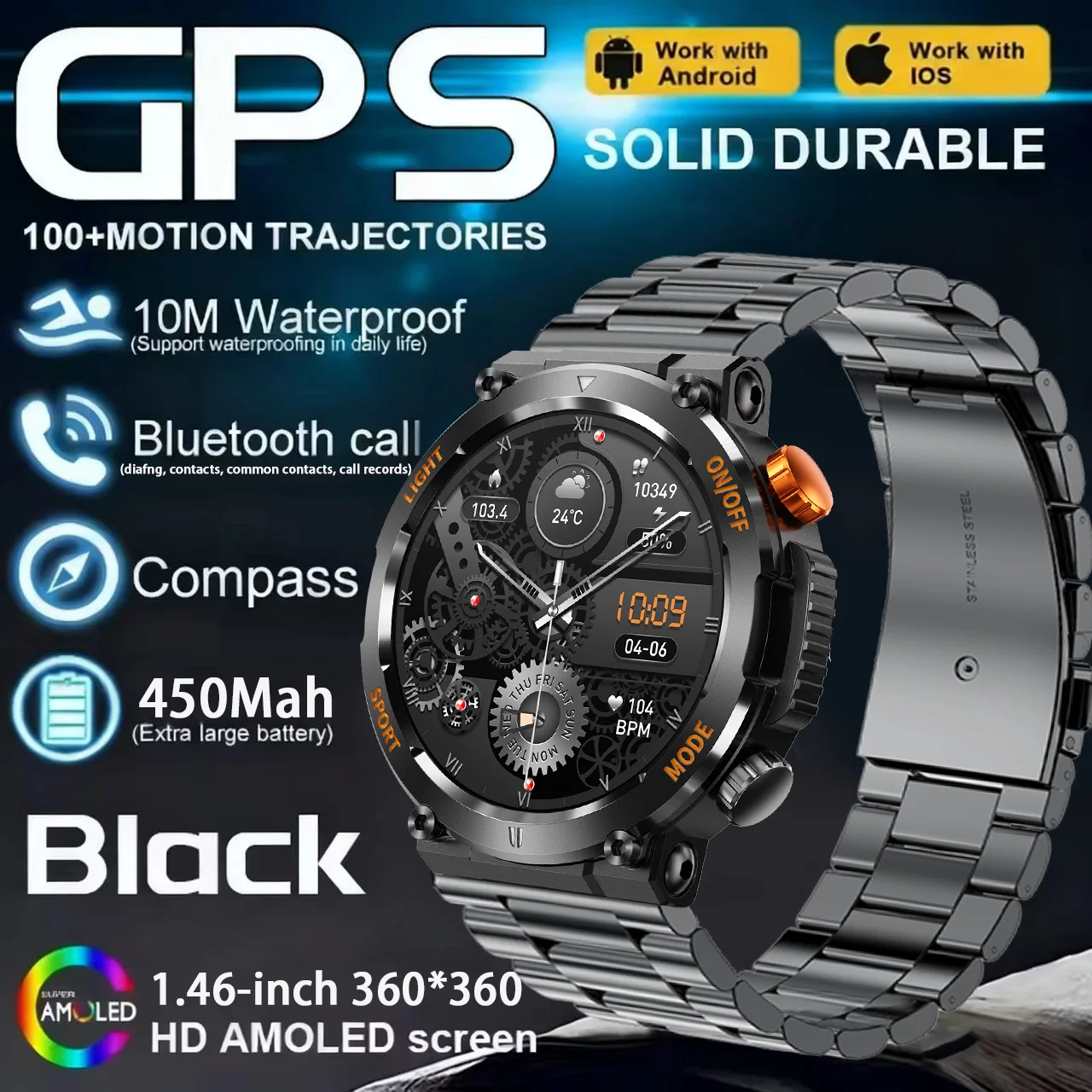 

New men's smart watch 1.46IPS HD screen Compass 100+sport IP67waterproof Bluetooth call Blood pressure and Heart rate monitoring