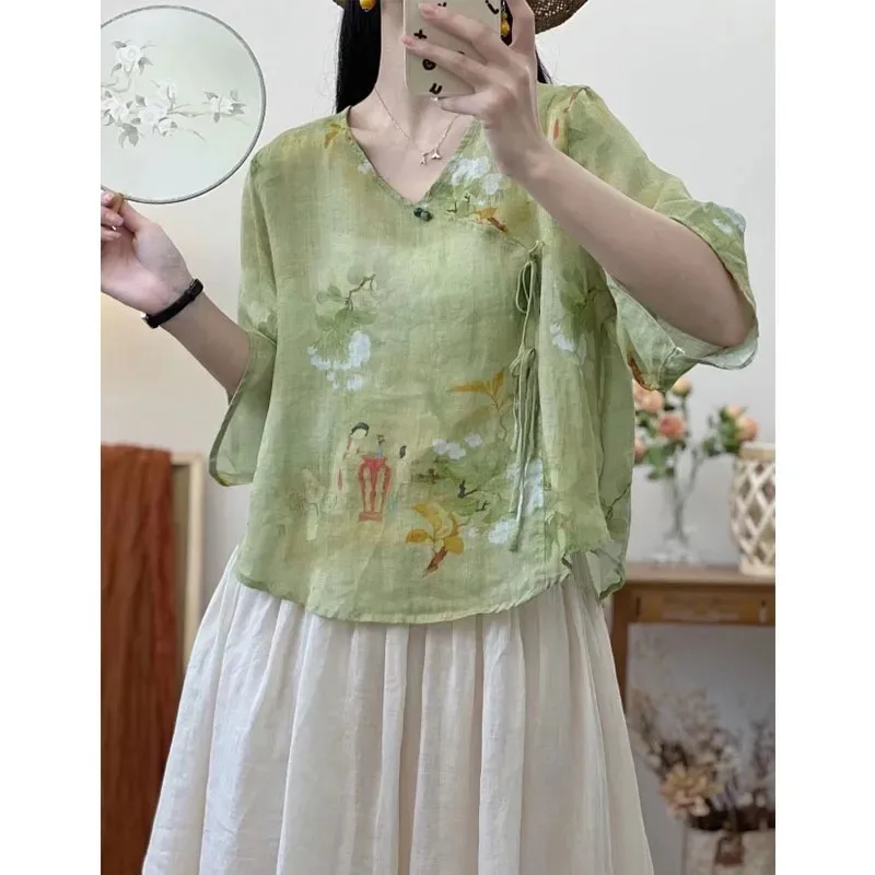 

Women's Floral Print Cotton Linen Blouse V Neck Side Tie Knot Loose Fit Casual Summer Top Pink