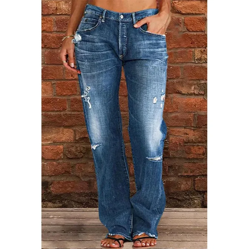 

Spring Women's Clothing Slim Fit Flared Washed Denim Jeans For Woman Medium Waist Straight Leg Cotton Long Casual Trousers