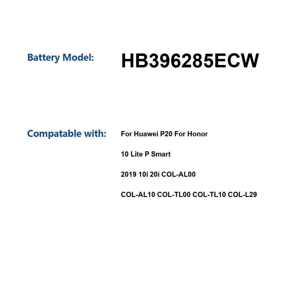 

Аккумулятор HB396285ECW 3400 мАч для Huawei P20 Honor 10 Lite P Smart 2019 10I 20I Col-AL00 Col-AL10 Col-TL00 Col-TL10 Col-L29