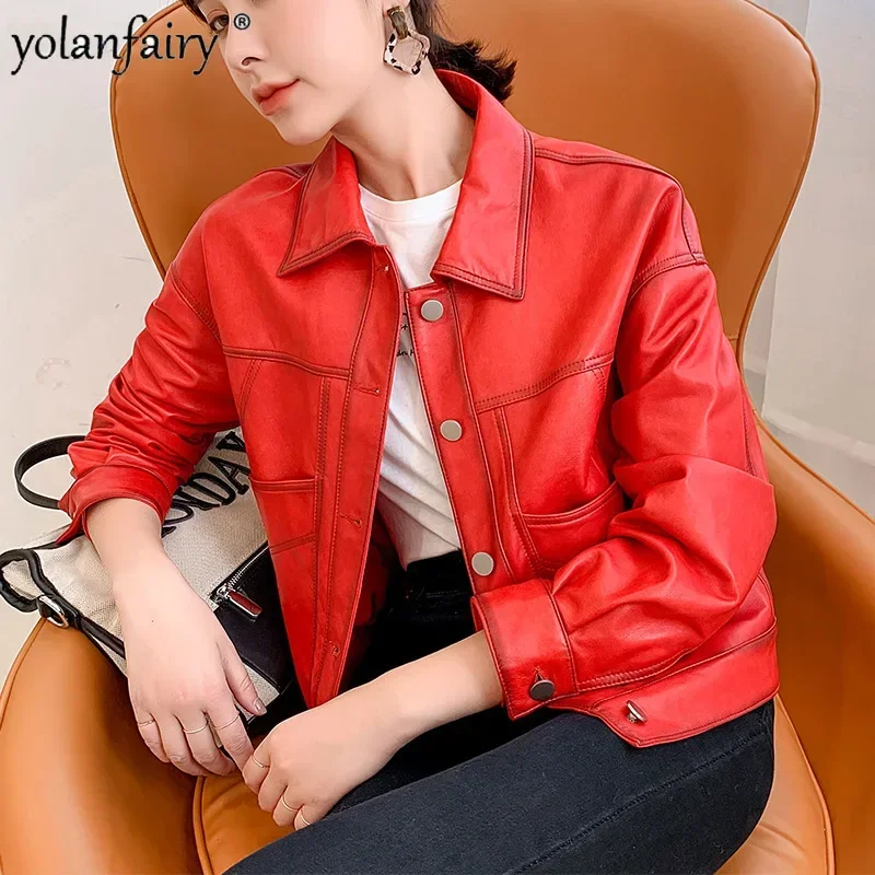 YOLANFAIRY سترات من جلد الغنم النقي للنساء الكورية ربيع الخريف سترة قصيرة الإناث الملابس الجلدية الطبيعية الأحمر فضفاض FC #3