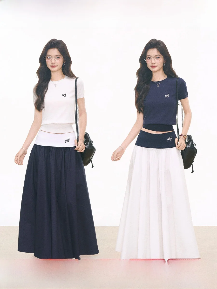 

WESTAYONE Knitted Short Sleeve T-Shirt Women's 2026 New Ruched Waist Splice Umbrella Skirt Two-Piece Set round Neck Pullover