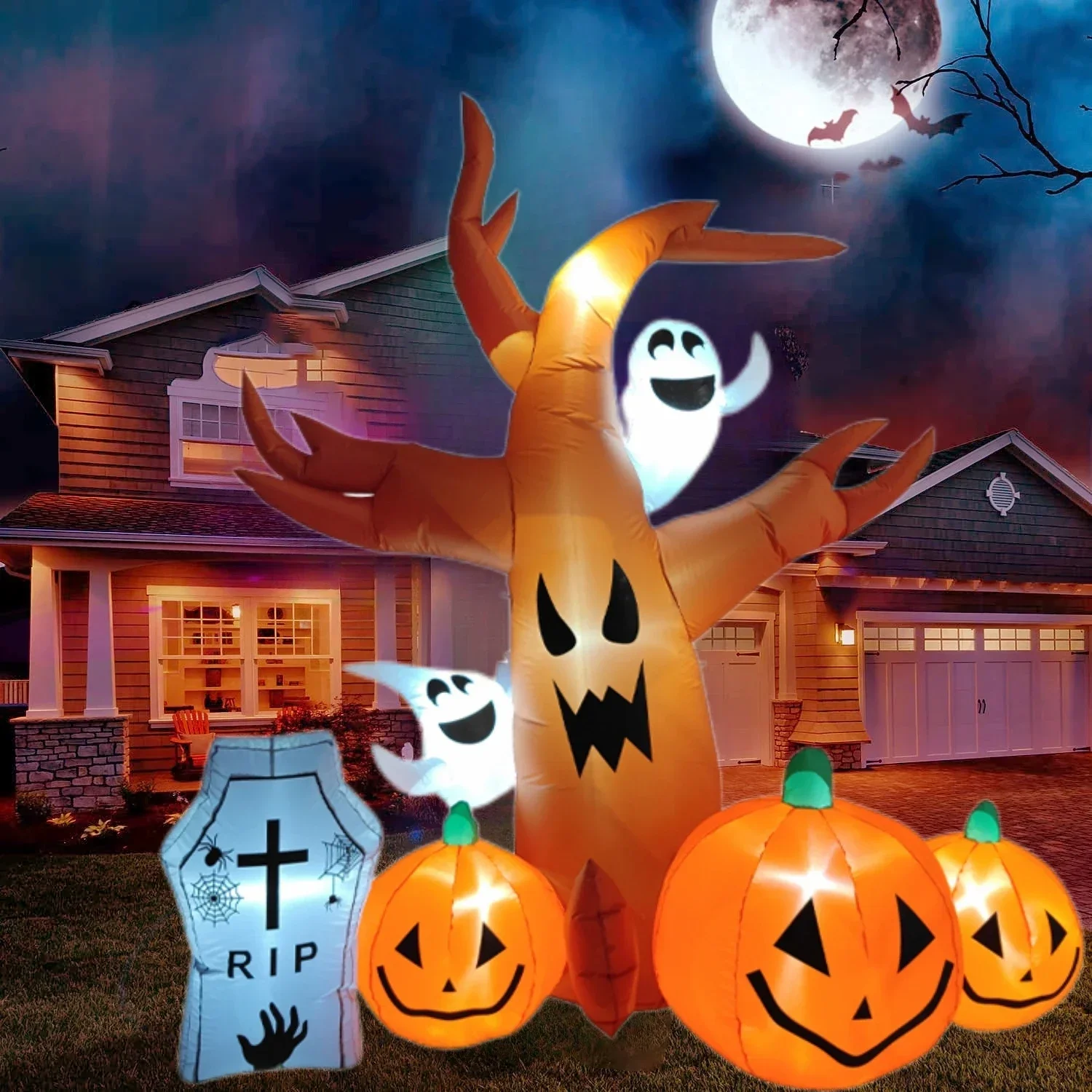 2.4M Halloween Inflatable Horror Tree LED Outdoor Party Halloween Decoration Courtyard Garden Glowing Pumpkin Head