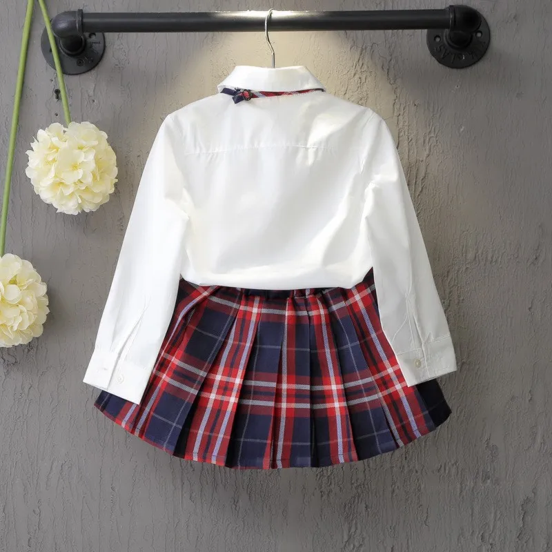 Long Sleeve Girls School Uniform Korean Style Student Costume Children Pleated Shirt With Plaid Skirt School Performance Suit