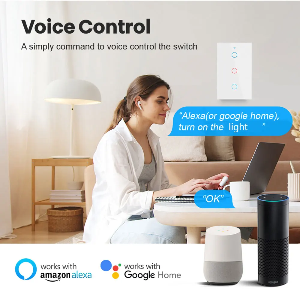 Interruptor inteligente de luz RF433 con WiFi, dispositivo con Sensor táctil de pared, sin cable neutro, funciona con Alexa y Google Home, Tuya