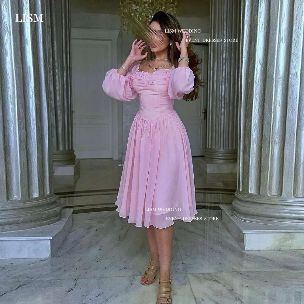 

LISM Pink Short Prom Party Dresses Square Collar Long Sleeves Pleat Chiffon A-Line Knee Length Cocktail Dress Night Event Gowns