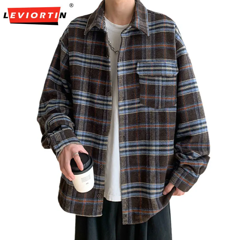 Men\'s Brushed Striped Plaid Shirt Autumn Lapel Patch Pocket Loose Long Sleeve Shirt Jacket Unisex Streetwear Buton Down Shirt