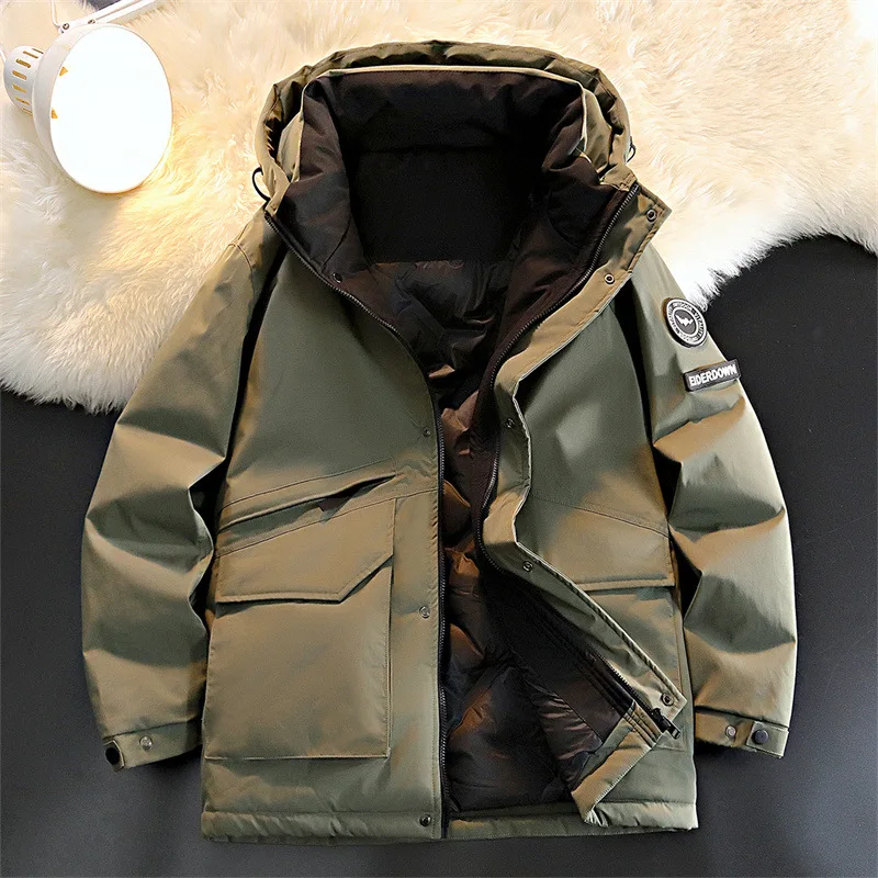 2024 New Winter Down Jacket Plus Size Men\'s Workwear Down Jacket with Thick Fleece and Warm Collar Hooded Men\'s Down Jacket