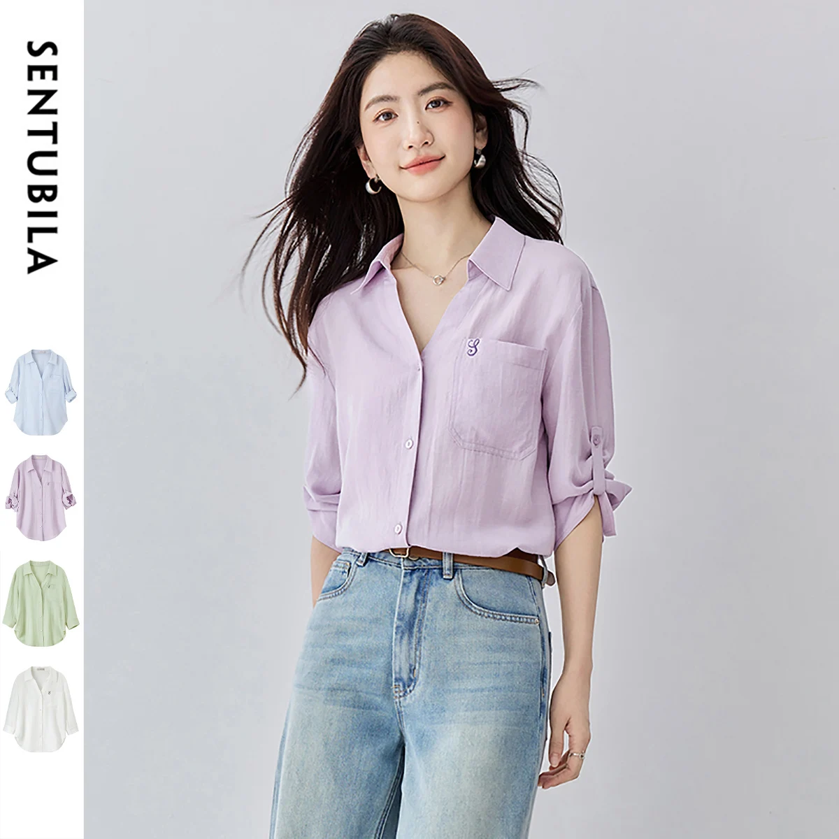 

SENTUBILA Lyocell Women Shirts 2025 Summer Commute Turn Down Collar Spliced Embroidery Three Quarter Sleeve Blouses152C59034