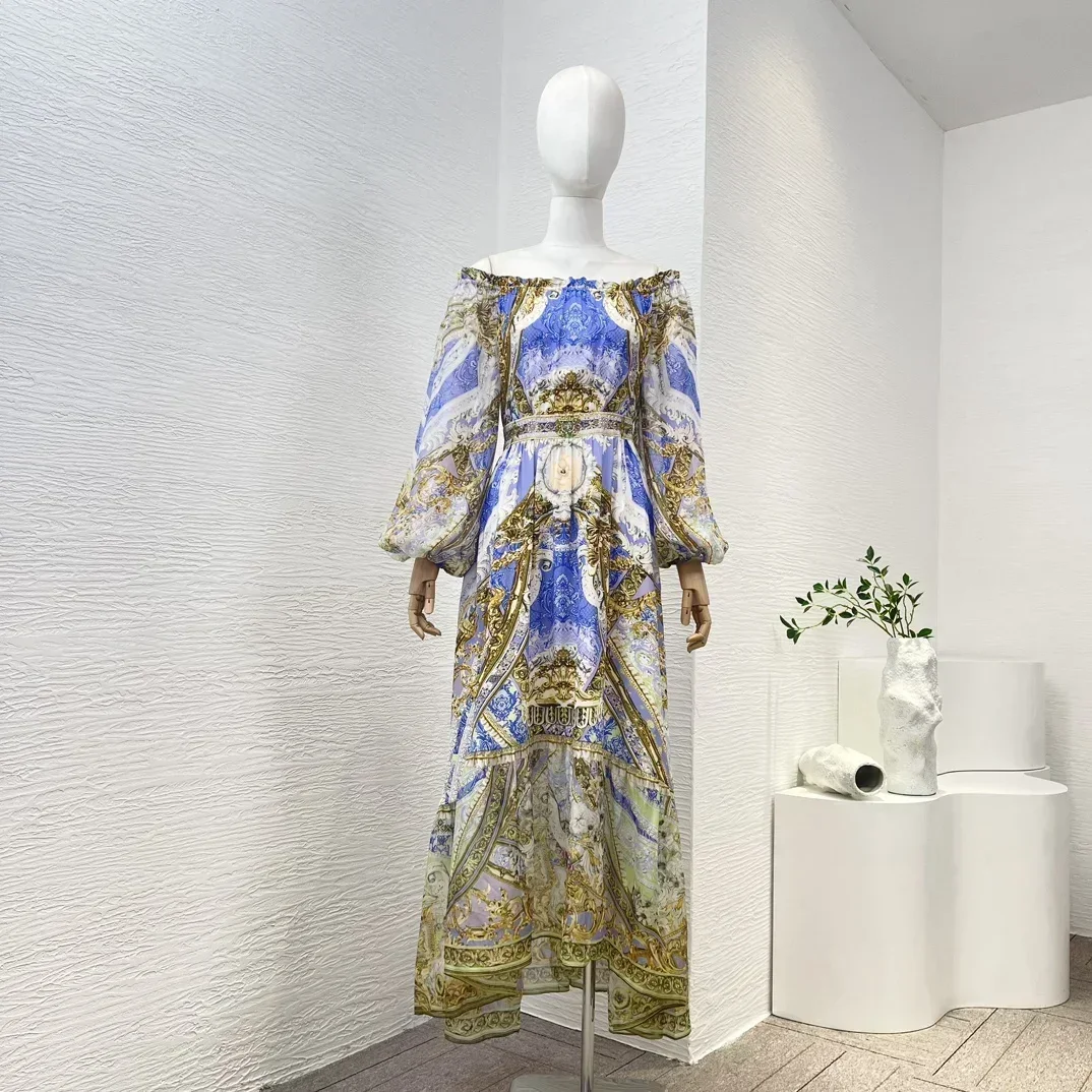 

Floral Print Top Quality Vintage Palace Style Off The Shoulder Long Sleeve Shirred Women Pure Silk 2024 New Clothing Midi Dress