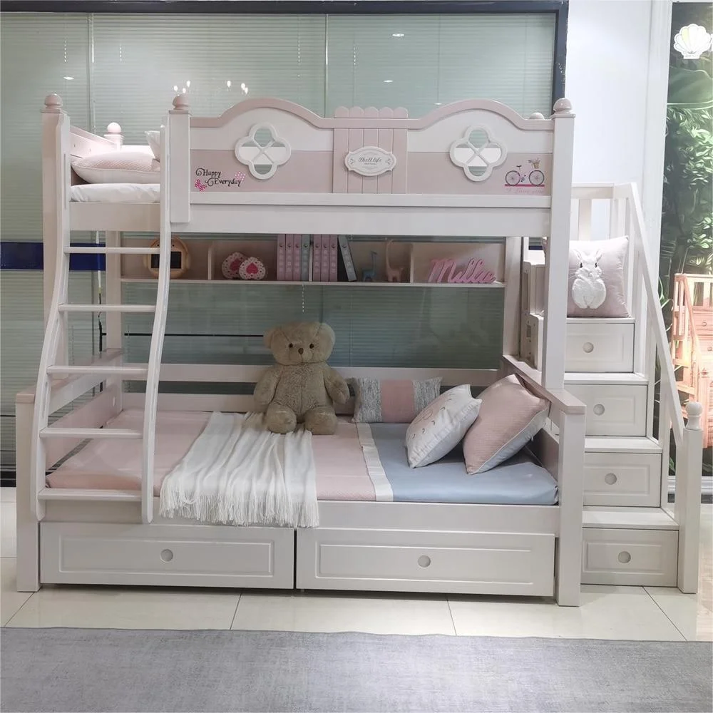 New design Solid Wood child bedroom furniture bunk bed with slide and stair modern luxury princess kids bunk bed for children