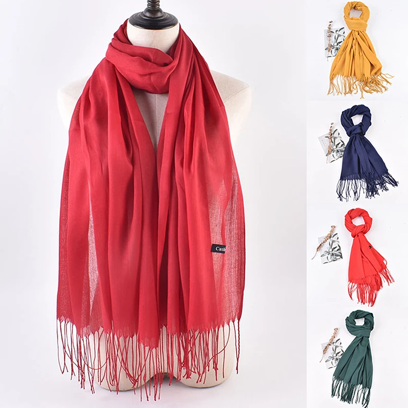

Женский шарф из искусственного кашемира 70x200 см с бахромой, однотонный, минималистичный, элегантный, мягкий, дышащий, теплый, для осени и зимы