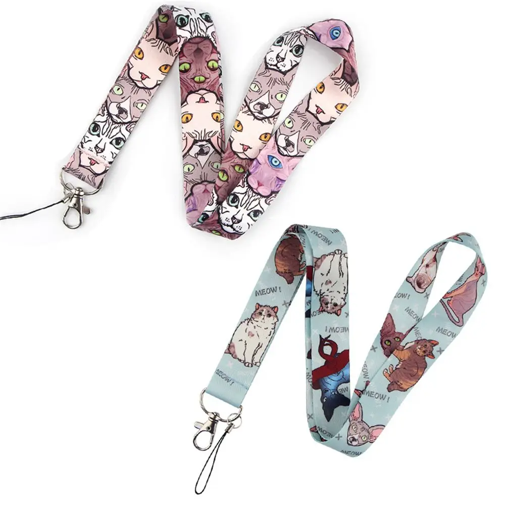 Phone Badge Cat Pattern Name Tag Holder Keychain Sphynx Cat Webbings Ribbon ID Badge Holder Hang Rope Phone Lanyard Strap