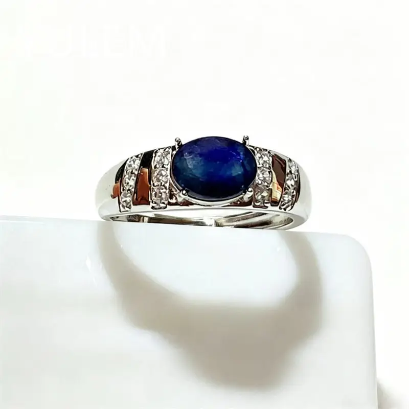 YULEM Luxury Solid Silver 925 Men's Oval 6x8mm Shaped Natural Sapphire Four Claw Ring Men's 1 Carat