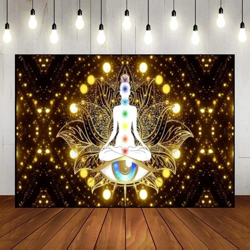 

Chakra Eyes Lotus Yoga Meditation Hanging Buddha Spiritual Bohemian Banner Custom Birthday Backdrop Background Decoration Party