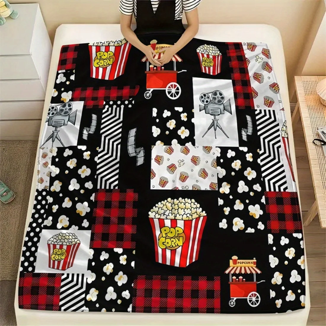 Movie Popcorn Print Flannel Throw Blanket, Preppy Style, Soft Plush Knitted, Digital Print Polyester, Cozy, with for Bed, Sofa