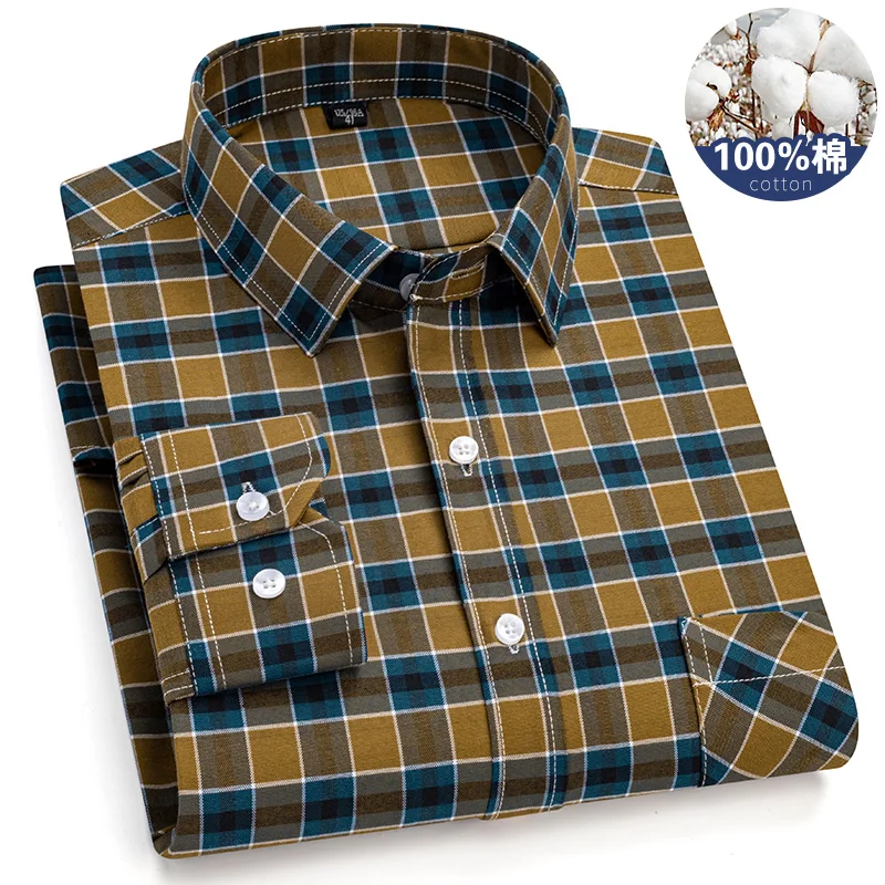 6XL Men\'s long-sleeved shirt with pockets 100% cotton high quality stylish plaid Oxford fabric Breathable no-iron casual