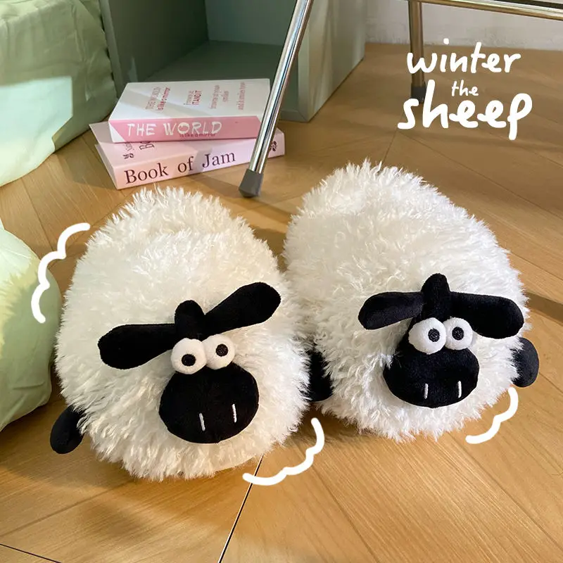 New Fluffy Adult Slip On Slipper With Sheep Design Women Men Home Scuff Shoes Winter Warm Heel Plush Slipper Lamb Slipper Unisex