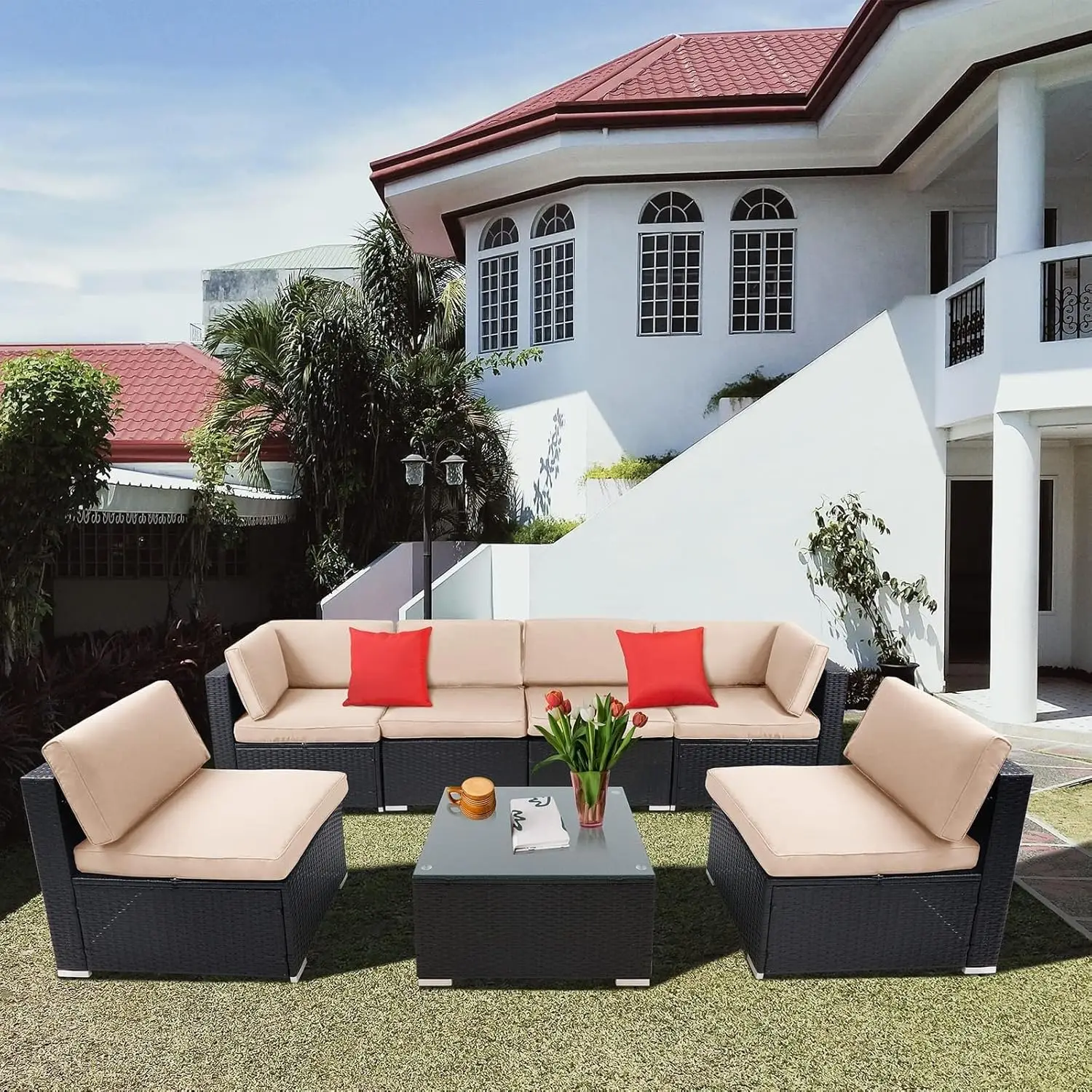 Set furnitur teras Sofa penampang luar ruangan, Set percakapan teras anyaman rotan PE semua cuaca dengan dapat dicuci 7 buah