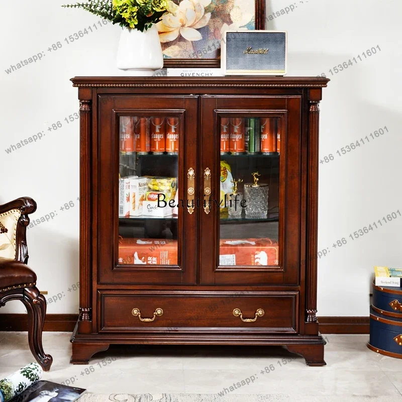 FG Best Seller American Country Living Room Cherry Wood Wine Cabinet All Solid Wood Tempered Glass Door Locker