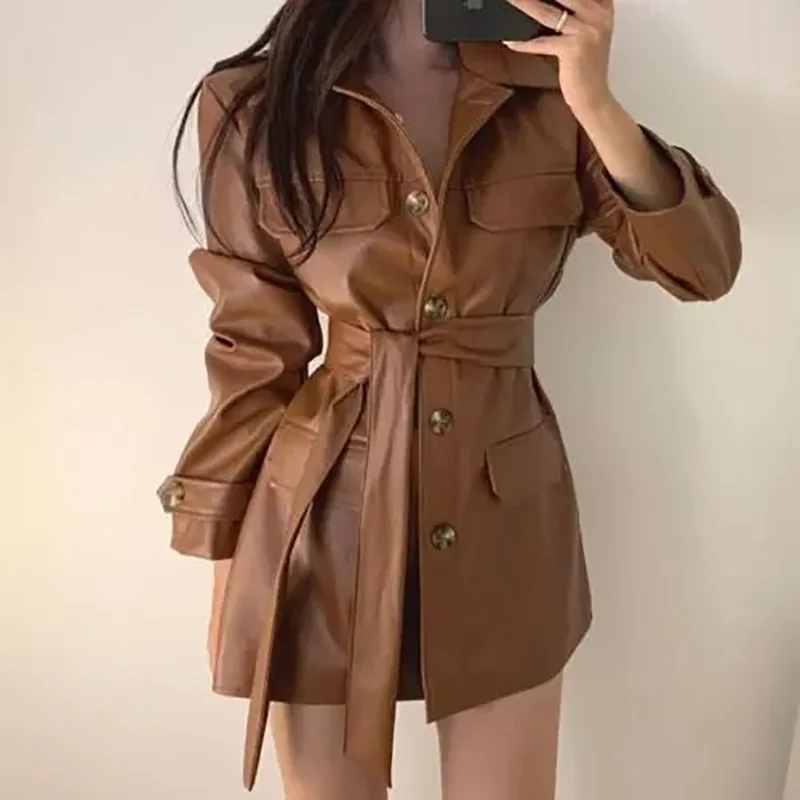 Women's Korean Mid-Length Motorcycle Leather Jacket Loose Belt Chic Overcoat Autumn Winter Handsome Top 2026