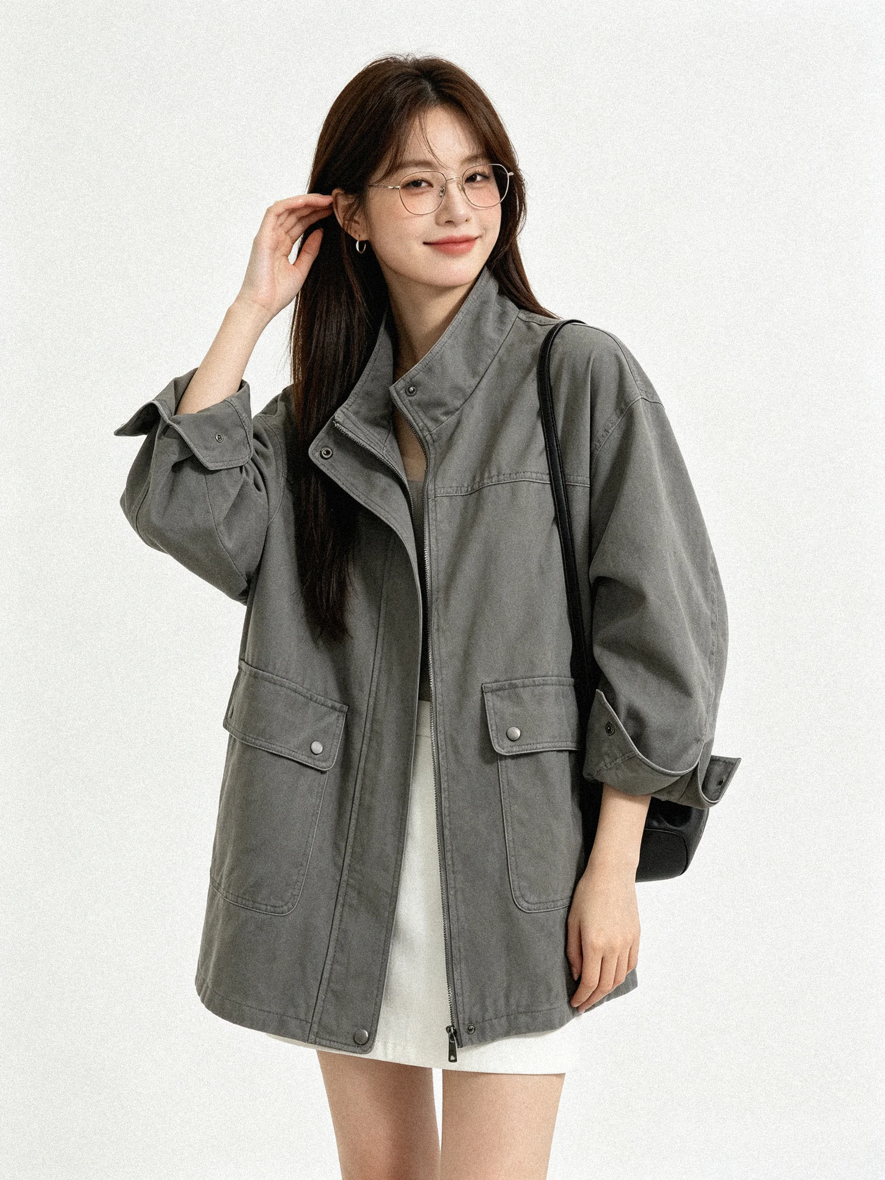 Retro Korean Style Workwear Jacket Loose Fit Casual Washed Cotton Long Sleeve Slimming Mid-Length Zipper Closure  Color