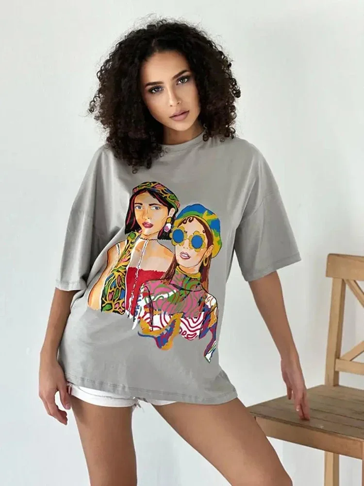 Hirsionsan Harajuku Graphic Print Oversized T-Shirt Women 2024 Oversized Top for Summer Spring  Women\'s Y2k Top Harajuku