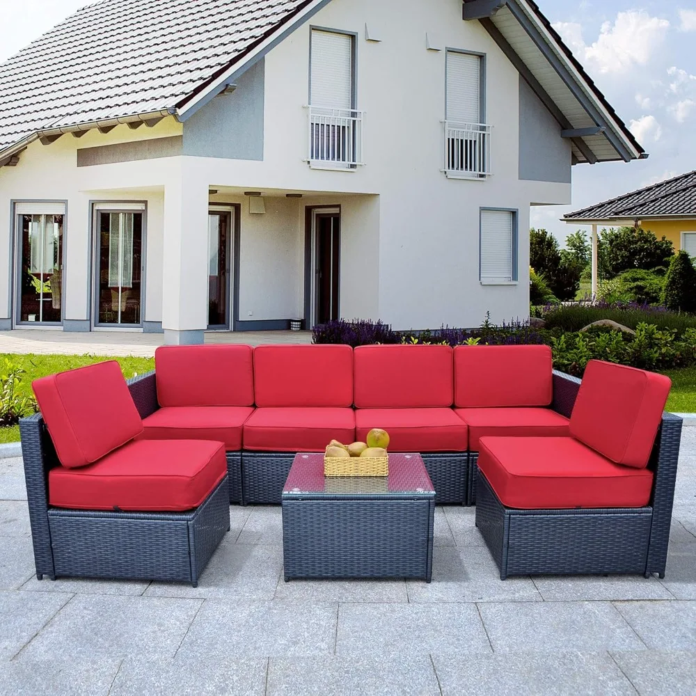 

Patio Furniture Sectional 7 Pieces Wicker Sofa Set Outdoor Seating Couch Black Rattan Conversation Chair