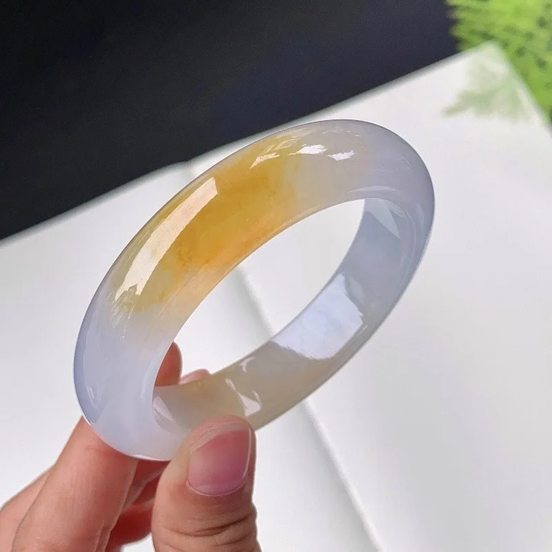Bracelet en jade de glace, authentique et naturel de Birmanie avec motif floral jaune, bracelet large en jade.