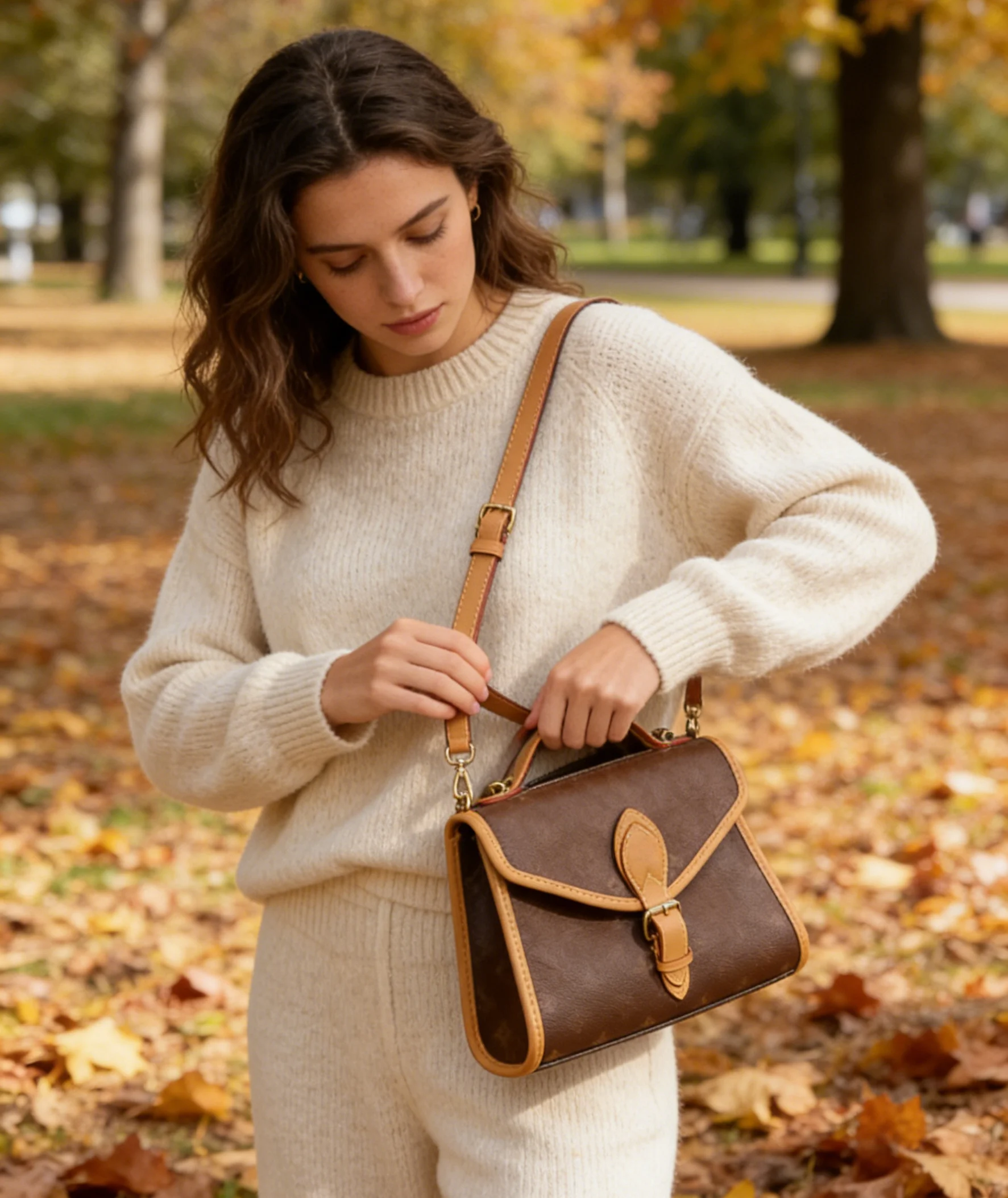 

Classic two-tone leather shoulder bag, featuring a rich brown base with light brown trim and buckle details; a versatile must-ha