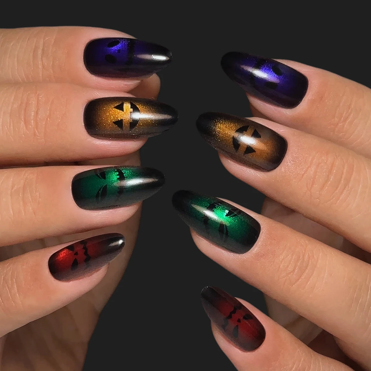 30 pieces of press on nails medium almond shaped nails,Halloween Multicolor Cat Eye Fake Nails, Gothic Ghost Face Fake Nails