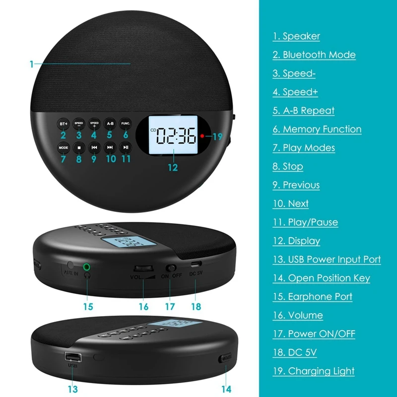 

Bluetooth CD Player With Speakers Rechargeable CD Player ASP LCD Display With AUX Cable For Car