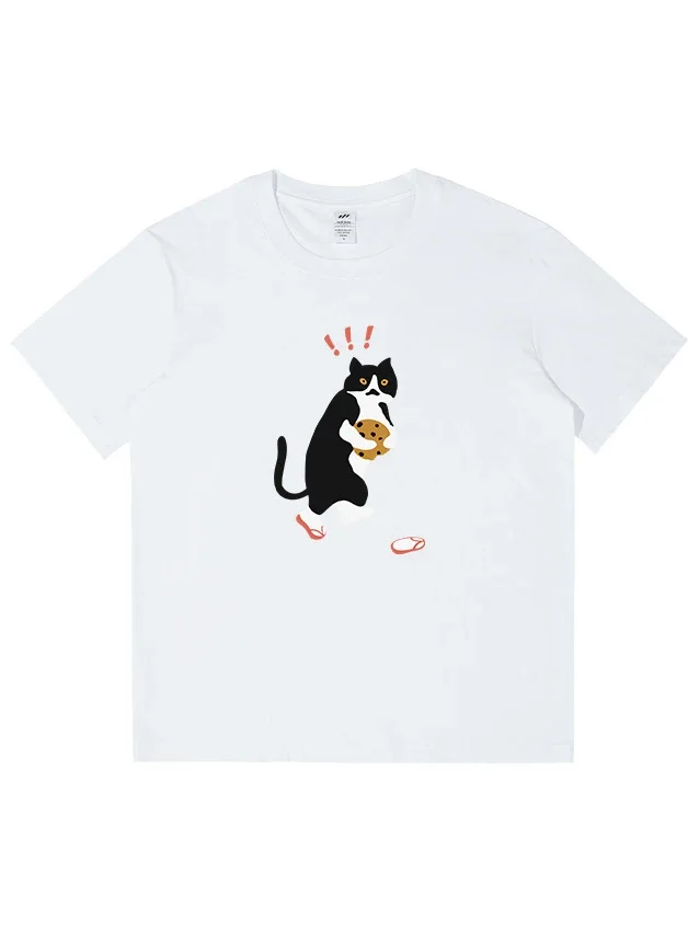 

Summer Men's Streamgirl Harajuku 100% cotton subtle cat print T-shirt Loose and humorous short-sleeved clothing
