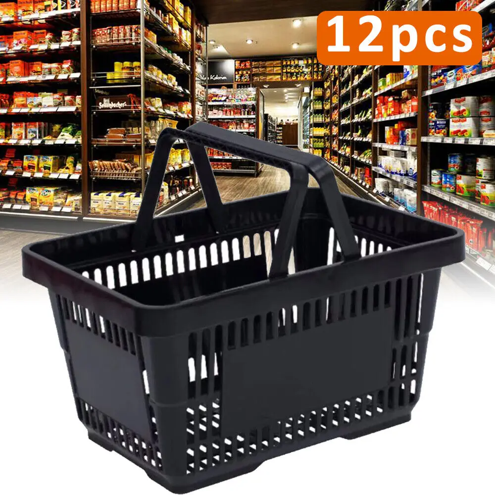 

12Pack Convenience Store Retail Tote Basket Black Grocery 12Pcs Plastic Shopping Baskets Store Baskets Large Utility with Handle