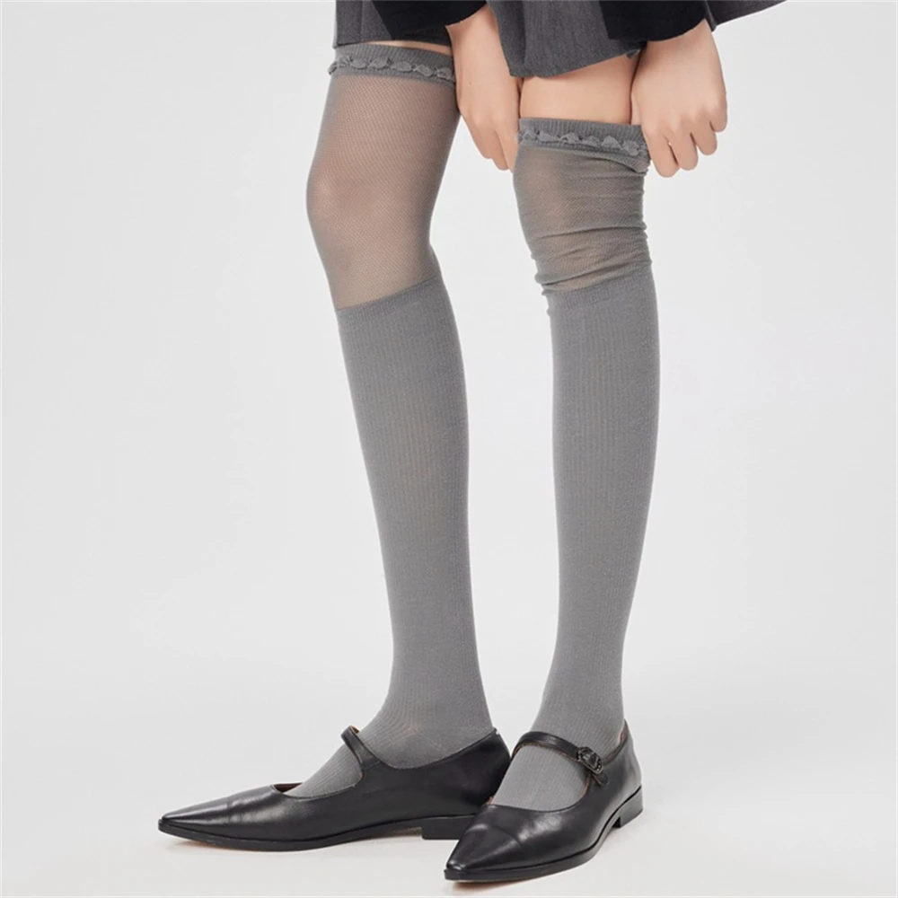 Simple Black Cotton Calf Over-the-knee Long-tube Socks Women's All-match Spring Summer Gray Thin Simple Korean Version Stockings