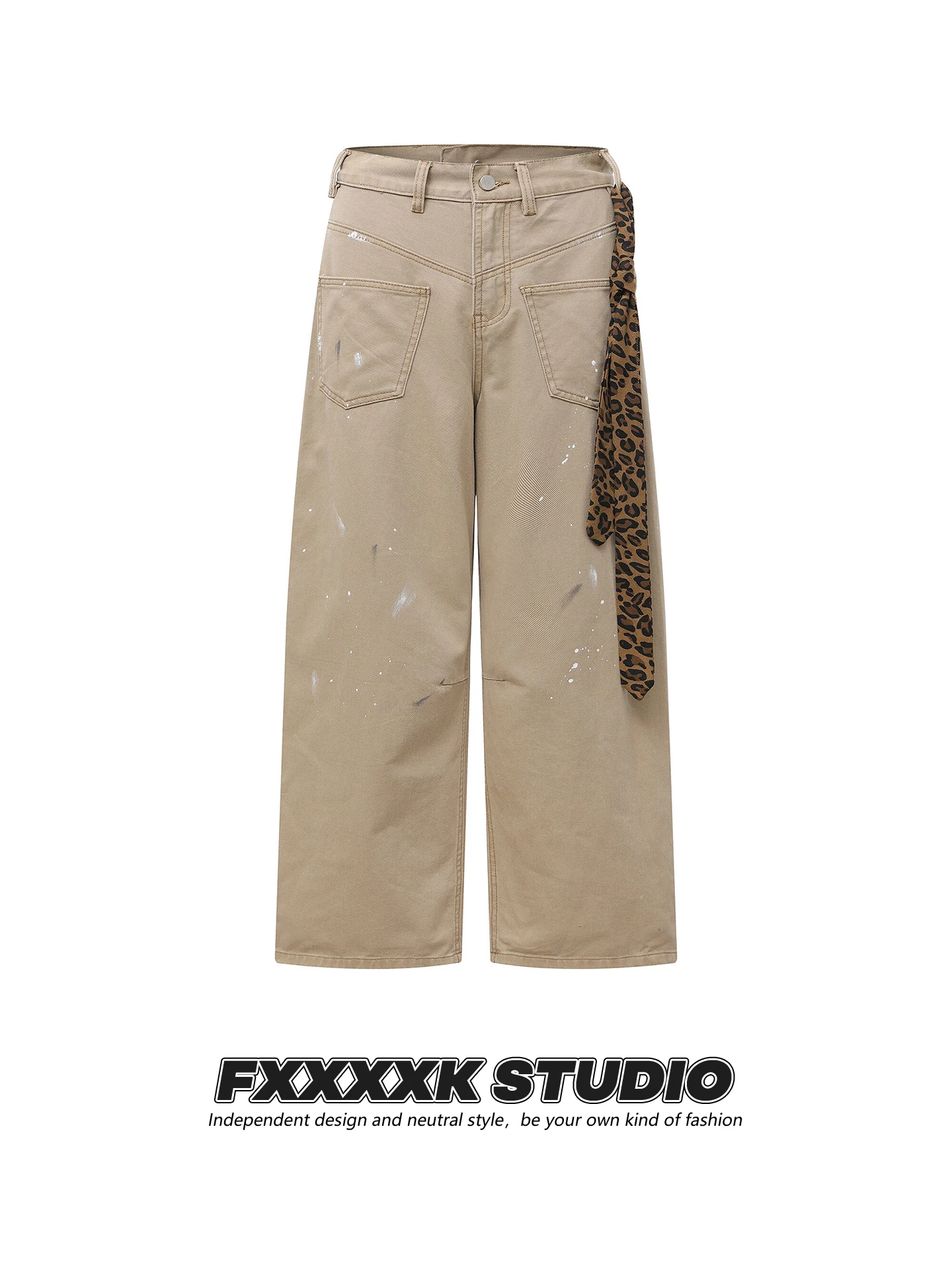 

Оригинальные американские ретро-брюки FXK с леопардовым принтом, деконструированные, с поясом, свободные, широкие, повседневные, длинные, для пар, мужские и женские