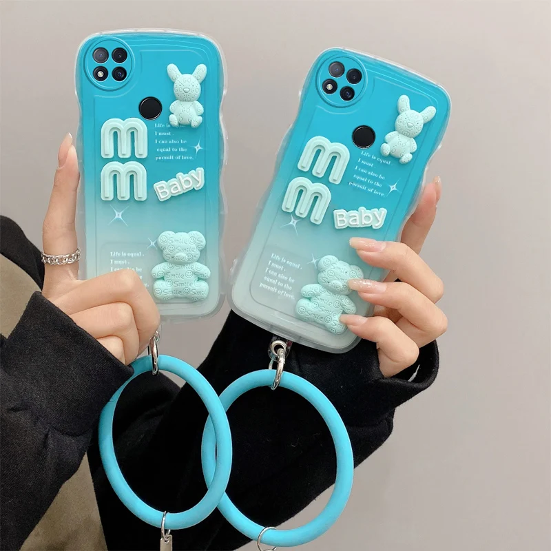 3D Fashion Cute Doll Bear Rabbit Cartoon Luxury Silicon Phone Case On For Xiaomi Redmi 9 9C Wristband Back Cover