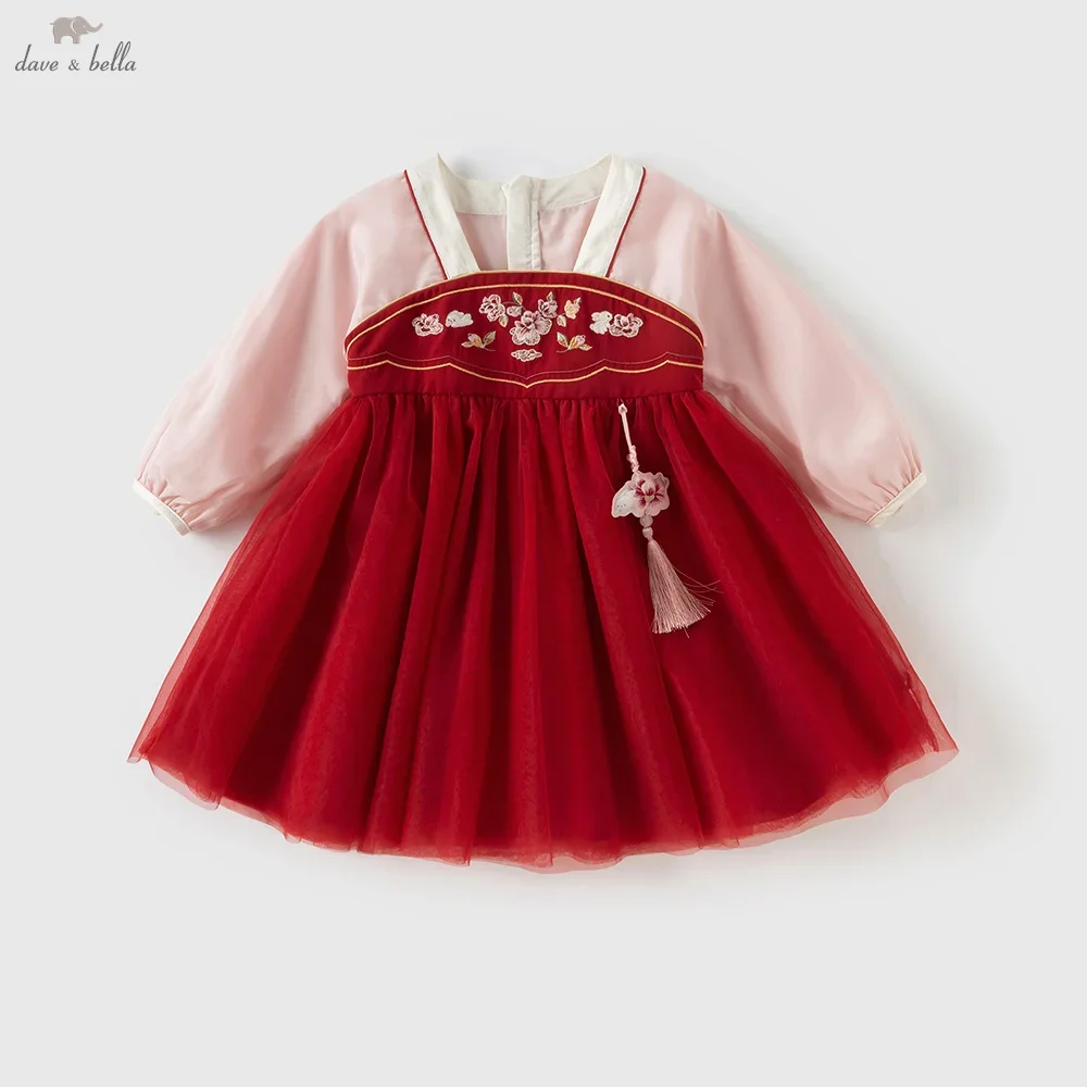 

Dave Bella Girls Baby Red Dress Autumn kids Chinese Style Hanfu Dress Charm Cute Children's Mesh Dress Party DB3252697